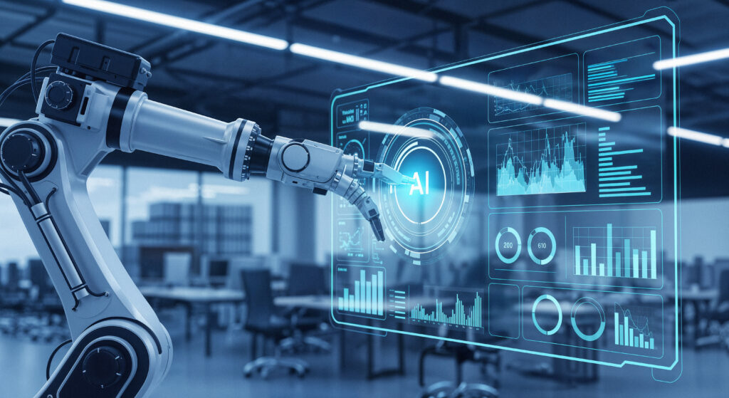 ai robot interacting with futuristic data interface